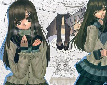 Rule 34 | 1girl, ^ ^, black hair, black scarf, brown eyes, cardigan, chibi, chibi inset, closed eyes, cup, fuquan9921, hair ornament, hairclip, holding, holding cup, long hair, looking at viewer, multiple views, open mouth, original, pantyhose, pearl hair ornament, scarf, skirt, smile, table