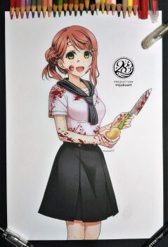1girl art_tools_in_frame black_skirt blood blood_on_clothes blood_on_face blunt_bangs blush braid braided_bun breasts collarbone colored_pencil_(medium) empty_eyes food hair_bun hair_ornament hairpin highres holding holding_knife knife love_live! love_live!_nijigasaki_high_school_idol_club medium_breasts medium_hair mijukuart neckerchief orange_hair pink_hair pleated_skirt potato school_uniform serafuku short_sleeves side_bun single_side_bun skirt smile solo swept_bangs traditional_media uehara_ayumu yandere yellow_eyes