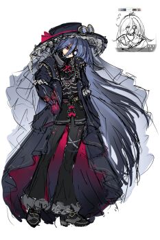 1other androgynous art_program_in_frame artist_request blue_hair goth_fashion gradient_clothes gradient_hair hair_down hair_over_eyes hat highres jacket large_hat long_hair multicolored_hair non-web_source open_clothes open_jacket original pink_eyes skull source_request