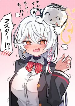 1boy 1girl ahoge black_robe blue_archive blush bow braid collared_shirt doodle_sensei_(blue_archive) eri_(blue_archive) hair_between_eyes hand_up highres i-nn long_hair looking_at_another multicolored_hair open_mouth orange_eyes red_bow red_hair robe sensei_(blue_archive) shirt side_braid speech_bubble tongue tongue_out translation_request upper_body very_long_hair white_hair white_shirt