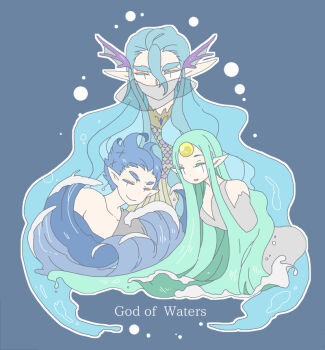 1girl 2boys aqua_hair bare_shoulders blue_hair closed_mouth divine_being english_text hair_between_eyes husband_and_wife large_ears long_hair looking_at_viewer multiple_boys no_mouth osse_(silmarillion) parted_bangs pixiv_id_1298298 pointy_ears the_silmarillion tolkien&#039;s_legendarium topless_male uinen ulmo water waves