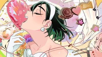 1girl ai_kotoba_iv_(vocaloid) alien_stage black_hair closed_eyes clover commentary cookie earrings english_commentary flower food fork four-leaf_clover gloves hairband heart highres jewelry kuradrawings open_mouth orange_flower orange_rose pearl_earrings pink_flower purple_flower rose short_hair smile solo star_(symbol) sua_(alien_stage) white_gloves white_hairband