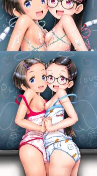 2girls absurdres aftersex ass before_and_after blush breast_press bukkake cameltoe censored chalkboard classroom close-up clothing_aside couple cum fat_mons female_focus flat_chest frottage glasses hair_ornament hairclip halo higeepon highres holding_hands huge_filesize jump_rope loli long_hair looking_at_viewer multiple_girls nipples object_insertion panties print_panties shibari short_hair smile split_screen standing symmetrical_docking thighs third-party_edit underwear wings