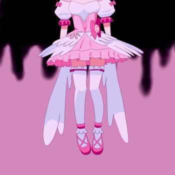 1girl amorphous0173 ballet_slippers blue_archive blush bow commentary_request detached_sleeves fake_wings fiery_background fire frilled_skirt frills head_out_of_frame highres mahou_shoujo_madoka_magica mami_mogu_mogu pink_bow pink_fire pink_hair scene_reference skirt solo suzumi_(blue_archive) suzumi_(magical)_(blue_archive) textless_version thighhighs white_thighhighs wings zettai_ryouiki