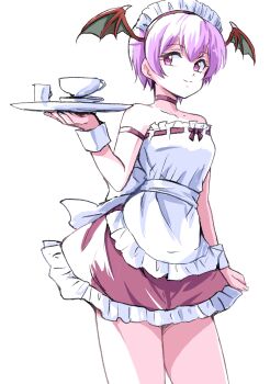 1girl alternate_costume apron breasts choker closed_mouth commentary_request cup darkstalkers dress head_wings highres holding holding_tray ikaringo_(ikaringo4444) lilith_(darkstalkers) looking_at_viewer maid maid_apron maid_headdress pink_choker pink_dress pink_eyes pink_hair plate short_hair small_breasts smile solo strapless strapless_dress teacup tray white_background wings wrist_cuffs