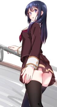 Rule 34 | 1girl, :o, ass peek, black hair, black thighhighs, blush, brown serafuku, brown shirt, commentary request, from side, hand on railing, hibike! euphonium, highres, kitauji high school uniform, kousaka reina, long hair, long sleeves, looking at viewer, looking back, microskirt, neckerchief, purple eyes, red neckerchief, sailor collar, school uniform, serafuku, shirt, skirt, solo, standing, thighhighs, ukkii, white sailor collar, winter uniform