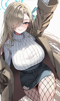 1girl absurdres alternate_costume arm_up asuna_(blue_archive) blue_archive blue_halo blue_ribbon breasts brown_coat brown_hair closed_mouth coat commentary_request fishnet_pantyhose fishnets hair_over_one_eye hair_ribbon halo hand_in_pocket highres jewelry large_breasts long_hair long_sleeves looking_at_viewer mango_(mango0208) necklace open_clothes open_coat pantyhose ribbon simple_background skirt smile solo sweater thighs torn_clothes torn_skirt turtleneck turtleneck_sweater very_long_hair white_background