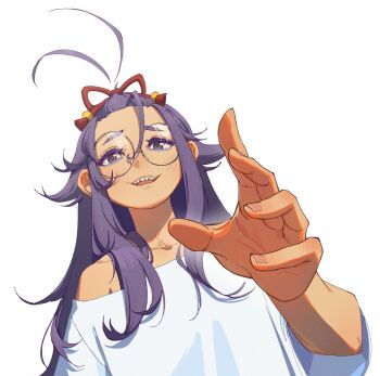 1girl :d ahoge antenna_hair artist_self-insert bangs_pinned_back collarbone commentary detached_ahoge foreshortening glasses grey-framed_eyewear hair_between_eyes hair_over_shoulder hair_ribbon highres indie_virtual_youtuber long_bangs long_hair looking_at_viewer off-shoulder_shirt off_shoulder open_mouth pikat pikat_(vtuber) purple_eyes purple_hair reaching reaching_towards_viewer red_ribbon ribbon sharp_teeth shirt short_sleeves sidelocks simple_background smile solo tassel teeth thick_eyebrows upper_body upper_teeth_only virtual_youtuber white_background white_shirt yellow_pupils
