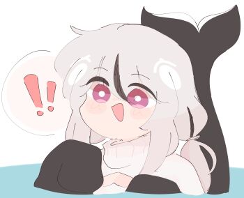 ! !! 1girl :d absurdres artist_self-insert black_hair blush_stickers cetacean_tail chonkyorca cleavage_cutout clothing_cutout commentary english_commentary fins fish_tail grey_hair hair_between_eyes hands_up heart_cutout highres long_hair long_sleeves looking_at_viewer low_twintails multicolored_hair open_mouth orca_(chonkyorca) original partially_submerged puffy_long_sleeves puffy_sleeves purple_eyes simple_background sleeves_past_fingers sleeves_past_wrists smile solo spoken_exclamation_mark streaked_hair sweater tail turtleneck turtleneck_sweater twintails water white_background white_sweater