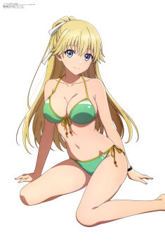 1girl absurdres anime_coloring arm_support armpit_crease artist_name bare_arms bare_legs bare_shoulders barefoot bikini blonde_hair blue_eyes bracelet breasts choppy_bangs cleavage closed_mouth collarbone copyright_name copyright_notice foot_out_of_frame front-tie_bikini_top front-tie_top green_bikini groin hair_ribbon halterneck highres jewelry large_breasts long_hair looking_at_viewer magazine_scan megami_magazine nanase_tsubasa navel official_art ribbon scan side-tie_bikini_bottom simple_background sitting smile solo split_mouth swimsuit third-party_source very_long_hair wariza white_background white_ribbon youkoso_jitsuryoku_shijou_shugi_no_kyoushitsu_e