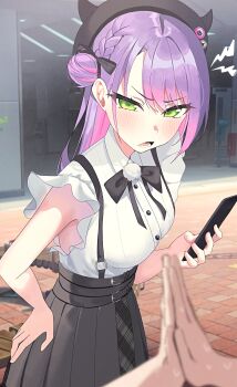 1girl 1other absurdres angry bare_shoulders beret black_bow black_hat bow braid cellphone collared_shirt colored_inner_hair commentary commentary_request dating demon_girl demon_tail dress green_eyes hair_bun hand_on_own_hip hat highres holding hololive horned_hat kashio_(92984798) light_blush long_hair looking_at_viewer multicolored_hair nervous_sweating official_alternate_costume official_alternate_hairstyle open_mouth outdoors phone pink_hair pov purple_hair shirt sleeveless smartphone sweat tail tokoyami_towa tokoyami_towa_(jirai_kei) virtual_youtuber