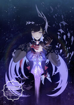 1girl absurdres asymmetrical_gloves black_dress black_hair blending breasts brown_gloves bubble colored_inner_hair commentary_request dress fish galaxy gem gloves half-closed_eyes hand_on_own_chest headdress highres honkai:_star_rail honkai_(series) hysilens_(honkai:_star_rail) long_sleeves looking_down medium_breasts mismatched_gloves multicolored_hair open_mouth pearl_(gemstone) purple_eyes purple_hair red_gloves shiba_(tonari_no_shiba_inu) smile solo underwater watermark