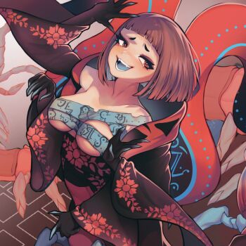 1girl :d arthropod_girl bare_shoulders black_hands black_kimono blue_hair blue_tongue bob_cut breasts brown_hair budget_sarashi camooh centipede_girl claws collarbone colored_extremities colored_inner_hair colored_tongue commentary_request commission cropped extra_arms fangs floral_print floral_print_kimono from_above gradient_background hands_up highres japanese_clothes kimono long_sleeves looking_at_viewer medium_breasts monster_girl multicolored_hair open_clothes open_kimono open_mouth original print_kimono raised_inner_eyebrows sarashi short_bangs short_eyebrows short_hair smile solo straight_hair underboob upper_body wide_sleeves