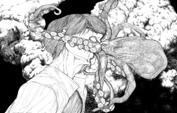 1boy adam&#039;s_apple animal bhrin97 black_background chainsaw_man collared_shirt greyscale male_focus mole mole_under_mouth monochrome nose octopus saliva shirt short_hair simple_background solo suction_cups tentacles upper_body yoshida_hirofumi