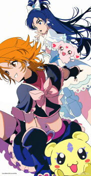 Rule 34 | 2girls, absurdres, black gloves, black shirt, black shorts, blue eyes, blue hair, bow, brown eyes, commentary request, creature, cure black, cure white, dress, earrings, english text, fingerless gloves, futari wa precure, gloves, grin, hair bow, heart, heart earrings, highres, jewelry, leg up, long hair, mepple, midriff, mipple, misumi nagisa, multiple girls, navel, open mouth, orange hair, precure, shirt, short hair, shorts, simple background, smile, teeth, watermark, weibo watermark, white background, white bow, white dress, yukishiro honoka, z3zz4