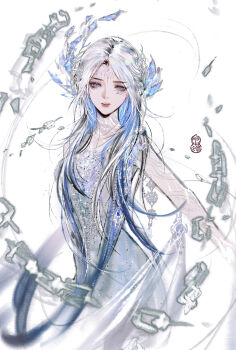 1girl artist_name bare_arms bare_shoulders blue_hair bodypaint born_flawless_(infinity_nikki) chain chinese_commentary colored_inner_hair commentary_request cowboy_shot debris dress expressionless facepaint feather_hair_ornament feathers grey_hair hair_ornament hair_over_one_eye highres infinity_nikki jewelry long_dress long_hair motion_lines multicolored_hair nikki_(series) realistic sasora solo standing strapless strapless_dress two-tone_hair very_long_hair watermark white_background white_dress