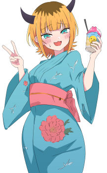 1girl :3 absurdres blonde_hair blue_kimono blush breasts commentary_request fang highres horns japanese_clothes kimono looking_at_viewer medium_breasts memcho multicolored_hair obi open_mouth oshi_no_ko pieyon pink_sash roots_(hair) sash short_hair simple_background skin_fang solo urishima v white_background yukata
