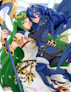 2girls andoryu_anzuru blue_eyes blue_hair blue_pants blush boots bracelet breasts cape closed_eyes crosier dress fire_emblem fire_emblem_awakening grey_hair highres hug jewelry kid_icarus kid_icarus_uprising laurel_crown long_hair lucina_(fire_emblem) multiple_girls nintendo palutena pants simple_background smile thighs tiara waist_grab white_dress