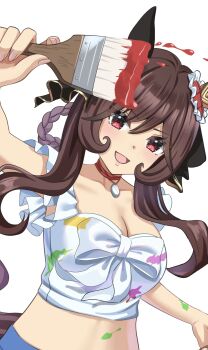 1girl aimi_(tikichin0229) animal_ears blue_shorts blush braid braided_hair_rings breasts brown_hair cleavage collarbone cropped_shirt ear_covers ear_ornament gentildonna_(umamusume) hair_between_eyes hair_ornament hair_rings heart-shaped_ornament heart_ear_ornament highres holding holding_paintbrush horse_ears horse_girl horse_tail long_hair looking_at_viewer medium_breasts midriff open_mouth paint paintbrush pendant_choker red_eyes shirt shorts simple_background smile solo tail umamusume white_background white_shirt