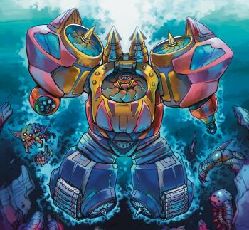 Rule 34 | absurdres, alternate form, armor, blue armor, commentary request, full body, getter poseidon, getter robo, getter robo g, highres, jet engine, looking at viewer, mecha, mecha focus, missile, multicolored armor, propeller, red armor, robot, super robot, turbine, underwater, yamanushi, yellow armor, yellow eyes