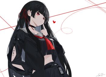 Rule 34 | 1girl, absurdres, arm cutout, black choker, black hair, black jacket, black serafuku, black shirt, black skirt, chisa (wuthering waves), choker, closed mouth, clothing cutout, commentary request, crop top, hair ribbon, heart, highres, jacket, long hair, long sleeves, midriff, neckerchief, partial commentary, red eyes, red neckerchief, red ribbon, ribbon, sailor collar, school uniform, serafuku, shadowtapir, shirt, simple background, skirt, solo, white background, white sailor collar, wuthering waves