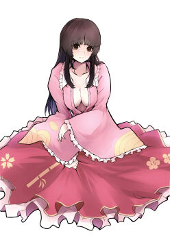 1girl :| absurdres black_hair blunt_bangs blush breasts closed_mouth collarbone commentary contrast_collar frilled_sailor_collar frilled_sleeves frills furrowed_brow highres hime_cut houraisan_kaguya long_hair long_sleeves looking_at_viewer medium_breasts open_clothes open_shirt pink_skirt red_skirt sailor_collar simple_background skirt solo straight_hair touhou white_background white_sailor_collar wide_sleeves yagoro_kusuriya