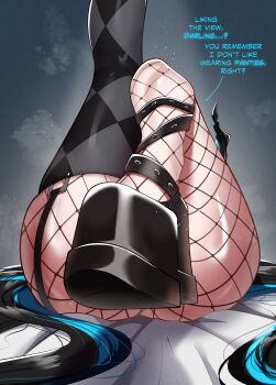 absurdres ass black_hair black_horns black_thighhighs blue_hair colored_inner_hair convenient_censoring convenient_leg english_text fishnet_pantyhose fishnets highres hololive hololive_english horns leg_focus long_hair lying multicolored_hair nerissa_ravencroft no_panties on_back pantyhose qiya thighhighs two-tone_hair virtual_youtuber