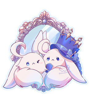 >_o :< absurdres ahoge blue_bow blue_eyes blue_gem blue_hat blue_pupils bow closed_mouth commentary_request dodoco_(genshin_impact) drop-shaped_pupils focalors_(genshin_impact) furina_(genshin_impact) gem genshin_impact hat hat_bow heterochromia highres mina_(minaleafeon_c) mirror no_humans one_eye_closed simple_background symbol-shaped_pupils white_background