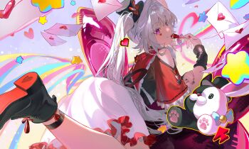 Rule 34 | 1girl, absurdres, arm warmers, black arm warmers, black hat, black nails, black shoes, braid, candy, closed mouth, clothing cutout, commentary, english commentary, envelope, facial mark, food, from behind, hat, heart, heart facial mark, highres, holding, holding candy, holding food, holding lollipop, honkai: star rail, honkai (series), lollipop, long hair, looking at viewer, looking back, lying, mark under eye, mini hat, mini top hat, multicolored nails, on stomach, pink eyes, red nails, shoes, short sleeves, shoulder cutout, skirt, solo, sparkle (honkai: star rail), sparxie (honkai: star rail), the pose, top hat, vioarry, white hair, white skirt