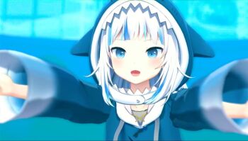 1girl 3d animal_costume animal_hood artist_request blue_background blue_eyes blue_hair blue_hood blunt_bangs check_artist gawr_gura gawr_gura_(1st_costume) gawr_gura_(artist) hololive hololive_english hood light_blush long_sleeves medium_hair multicolored_hair official_art open_mouth shark_costume shark_girl shark_hood sidelocks solo streaked_hair tagme very_long_sleeves virtual_youtuber white_hair