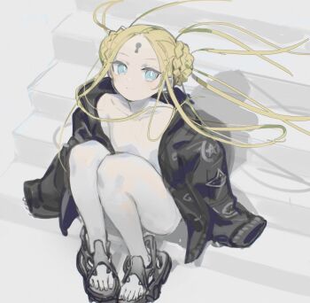 1girl abigail_williams_(fate) black_jacket blonde_hair blue_eyes braid braided_bun double_bun expressionless fate/grand_order fate_(series) flat_chest floating_hair hair_bun highres jacket keyhole long_hair looking_at_viewer naked_jacket nemo_(leafnight) sandals sitting sketch solo stairs