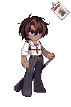 1boy baseball_bat belt black_belt black_pants brown_hair chest_harness closed_mouth collared_shirt full_body harness heathcliff_(project_moon) holding holding_baseball_bat id_card limbus_company mercuryhx necktie pants parted_bangs pixel_art project_moon purple_eyes red_necktie scar scar_on_arm shirt solo transparent_background white_shirt