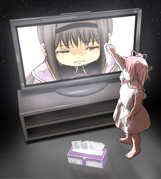 2girls aged_down akemi_homura akemi_homura_(magical_girl) barefoot black_hair black_hairband black_shirt capelet closed_eyes collared_shirt crying dress girl_drying_tv_tears_(meme) hair_ribbon hairband highres kaname_madoka magical_girl mahou_shoujo_madoka_magica mahou_shoujo_madoka_magica_(anime) meme multiple_girls neck_ribbon no_eyes pink_hair pink_ribbon purple_capelet purple_ribbon ribbon shirt short_sleeves star_(sky) starry_sky_background takeraka tears television tissue tissue_box white_dress white_trim wiping_tears