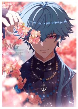 1boy alternate_costume anchor_necklace blue_hair blurry blurry_background brant_(wuthering_waves) cherry_blossoms closed_mouth commentary earrings hair_between_eyes highres jewelry looking_at_viewer male_focus necklace pink_eyes sae_naiyatsu short_hair smile solo symbol-only_commentary upper_body wuthering_waves