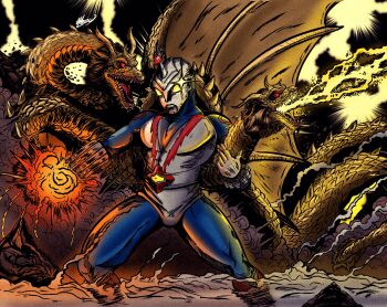 1boy alien antennae artist_collaboration black_sky breath_weapon breathing_lightning company_connection crossover dragon electricity electrokinesis energy energy_beam explosion extra_tails fire gauntlets ghidorah,_the_three-headed_monster giant giant_monster glowing glowing_eyes godzilla_(series) gravity_beam highres horns hydra jesszilla2000 kaijin kaiju king_ghidorah mane meteor_missile_(zone_fighter) meteor_missile_might missile missile_launcher monster mouth_beam multiple_heads muscular muscular_arms muscular_legs muscular_male night no_humans no_pupils open_mouth pectorals red_eyes seijin sharp_teeth sky slit_pupils smoke space_monster spikes superhero_costume tail teeth tl2bie toho tongue weapon wings yellow_electricity yellow_eyes zone_fighter zone_fighter_(series)