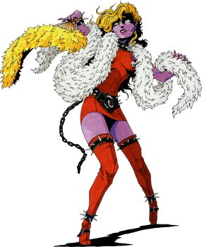 Rule 34 | 1girl, absurdres, blonde hair, bodycon, bodyconian (megami tensei), boots, chain, collar, colored skin, demon (megami tensei), dress, earrings, feather boa, green eyes, highres, holding, jewelry, kazuma kaneko, official art, purple skin, red boots, red dress, red nails, scan, shin megami tensei, shin megami tensei ii, simple background, solo, spiked anklet, spiked belt, spiked collar, spikes, thigh boots, third-party source, transparent background