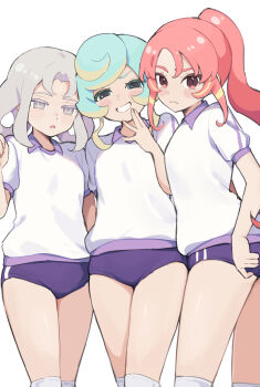 3girls akasode_matsuri_(inazuma_eleven) aqua_hair blonde_hair blue_buruma blue_eyes buruma clenched_teeth collared_shirt grey_eyes grey_hair highres hoshimura_nao_(inazuma_eleven) inazuma_eleven_(series) inazuma_eleven_victory_road long_hair looking_at_viewer multicolored_hair multiple_girls open_mouth pink_eyes pink_hair ponytail shinohara_raika shirt short_hair short_sleeves simple_background t-shirt teeth ura_(hamburg_oniku) white_background white_shirt