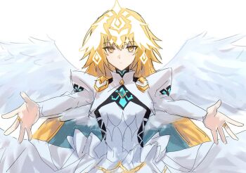 1girl angel_wings blonde_hair breasts commentary_request dress fate/grand_order fate_(series) feathered_wings headpiece highres jeanne_d&#039;arc_(fate) juliet_sleeves korean_commentary long_hair long_sleeves looking_at_viewer medium_breasts metatron_jeanne_(fate) metatron_jeanne_(third_ascension)_(fate) multiple_wings nekwnek outstretched_arms puffy_sleeves revision solo very_long_hair white_dress wings yellow_eyes