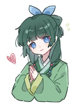 1girl blue_eyes blue_ribbon blunt_bangs closed_mouth commentary cropped_torso dot_nose green_hair green_kimono hair_ribbon heart highres japanese_clothes kimono kusuriya_no_hitorigoto long_hair long_sleeves looking_at_viewer maomao_(kusuriya_no_hitorigoto) own_hands_together palms_together ribbon simple_background smile solo white_background wide_sleeves yukomeow
