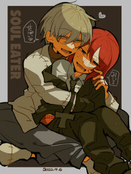 2boys arm_around_shoulder black_jacket formal_clothes franken_stein_(soul_eater) glasses grey_hair hayotukiaeya jacket lab_coat multiple_boys object_through_head red_hair screw_in_head sitting sitting_on_lap sitting_on_person smile soul_eater spirit_albarn suit yaoi