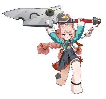 1girl absurdres ahoge animal_ear_fluff animal_ear_piercing animal_ears animal_feet anklet arms_up barefoot braid braided_twintails bright_pupils commentary_request full_body furry furry_female green_shirt higasino3ldk highres holding holding_sword holding_weapon jewelry long_hair open_mouth pink_fur pink_hair rabbit_ears rabbit_girl red_eyes screw shirt short_eyebrows simple_background solo sword thick_eyebrows weapon white_background white_pupils zenless_zone_zero zhao_(zenless_zone_zero)