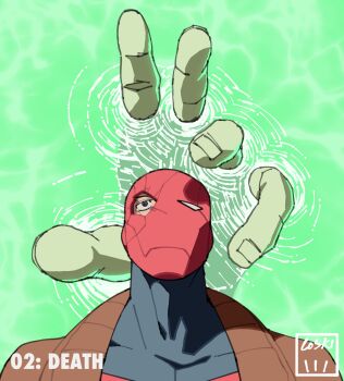 1boy bat_signal batman_(series) batman_symbol blue_eyes bodysuit brown_jacket dc_comics grey_bodysuit highres jacket jason_todd loskiart male_focus mask multicolored_bodysuit muscular muscular_male open_clothes red_hood_(dc) red_hood_and_the_outlaws red_mask superhero_costume taut_bodysuit two-tone_bodysuit