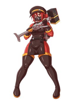 1girl absurdres apron black_apron black_boots black_gloves bodysuit boots breasts commission emperpep full_body genderswap genderswap_(otf) gloves hair_bun highres holding holding_weapon large_breasts latex latex_bodysuit latex_gloves latex_legwear looking_at_viewer mask pyro_(tf2) red_eyes red_hair red_pyro_(tf2) respirator second-party_source simple_background solo team_fortress_2 thigh_boots weapon white_background