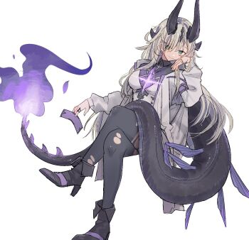 Rule 34 | 1girl, arknights, coat, commentary request, crossed legs, dragon horns, dragon tail, fire, flame-tipped tail, green eyes, grey hair, high heels, highres, horns, iguana152588, invisible chair, jewelry, long hair, necrass (arknights), ofuda, pantyhose, purple fire, ring, sitting, smile, tail, torn clothes, torn pantyhose, white background, white coat