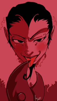 1boy black_eyes black_hair colored_skin crab_claw demon demon_boy facial_hair firefoxflame fur-trimmed_collar fur_trim goatee hair_slicked_back highres him_(powerpuff_girls) looking_at_viewer male_focus pointy_ears portrait powerpuff_girls raised_eyebrow red_background red_skin signature solo tongue tongue_out widow&#039;s_peak