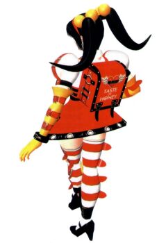 1girl 3d arm_belt backpack bag black_hair cuffs english_text facing_away fighters_megamix fighting_vipers gloves hairband heart high_heels honey_(fighting_vipers) leg_belt official_alternate_costume official_art randoseru sega skirt suspender_skirt suspenders thighhighs twintails white_background