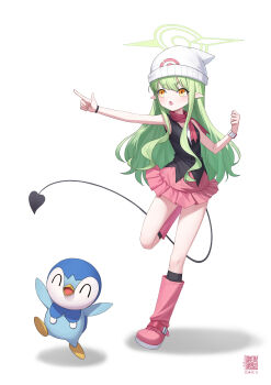 1girl absurdres blue_archive blush breasts commentary dawn_(pokemon) demon_tail feilingdong full_body green_hair green_halo halo highres hikari_(blue_archive) name_connection nintendo open_mouth pokemon pokemon_(creature) pokemon_dppt simple_background skirt small_breasts standing tail white_background yellow_eyes