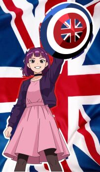 1girl amelia_(pathways) angry_crow24 arm_up black_collar blunt_bangs buckler collar commentary dress english_commentary feet_out_of_frame flag_background green_eyes grin holding holding_shield jacket jacket_over_dress legs_apart looking_at_viewer no_fingers open_clothes open_jacket outline pantyhose pathways_(game) pink_dress purple_hair purple_jacket shield short_hair smile solo standing union_jack united_kingdom