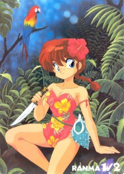 Rule 34 | 1girl, arm ribbon, bare shoulders, bird, blue eyes, braid, braided ponytail, breasts, cleavage, copyright name, floral print, flower, hair flower, hair ornament, hibiscus, hibiscus print, highres, holding, holding knife, jungle, knife, long hair, looking at viewer, macaw, medium breasts, nakajima atsuko, nature, official art, outdoors, parrot, ranma-chan, ranma 1/2, red hair, reverse grip, ribbon, scarlet macaw, seashell, shell, shitajiki, single braid, sitting, smile, solo