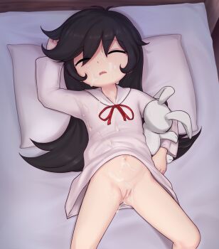 1girl after_rape after_vaginal aftersex ashley_(warioware) black_hair bottomless cleft_of_venus closed_eyes clothes_lift cum cum_on_body cum_on_clothes cum_on_lower_body cum_on_pussy cum_on_stomach cum_on_upper_body dress dress_lift facial facing_viewer feet_out_of_frame female_focus from_above hair_between_eyes hair_down head_on_pillow indoors loli long_hair long_sleeves lying navel nintendo no_panties on_back on_bed open_mouth pajamas pestil pillow pussy sidelocks sleep_molestation sleeping solo spread_legs stuffed_animal stuffed_rabbit stuffed_toy teeth uncensored upper_teeth_only warioware